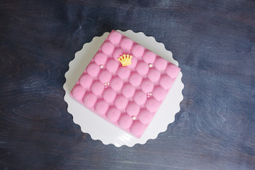 pink chocolate velour mousse cake with pearls
