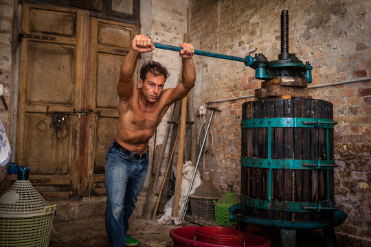 Shirtless winemaker farmer working on a traditional wine press 