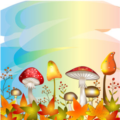 Vector and illustration of colorful and beautiful Autumn theme background with maple leaves, autumn forest mushrooms, wild flowers and fallen leaves with pastel color background and copy space