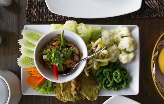 Naam Prig Goong Siab. Chilli paste dip with dried shrimp and vegetables. Thai food.