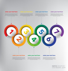 Horizontal timeline info graphic with circle elements. 7 parts concept. Can be used for workflow layout, banner, number options, step up options, diagram, web design. Vector illustration. Eps10.