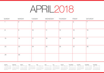 April 2018 calendar planner vector illustration