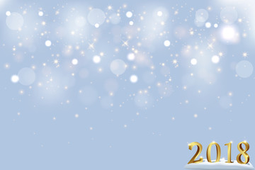 Happy New Year 2018 holiday template. Vector 2018 number on snowing sparkling background.