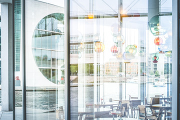 Glass facade / empty restaurant government district in Berlin