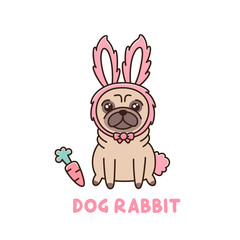 Cute dog of pug breed in a rabbit costume. It can be used for sticker, patch, phone case, poster, t-shirt, mug and other design.