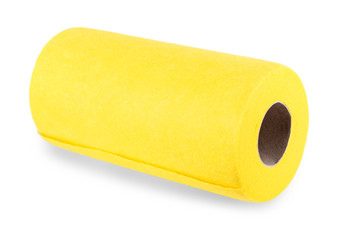 Top view of yellow felt fabric roll isolated on white.
