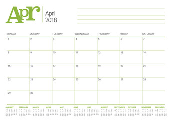 April 2018 calendar planner vector illustration