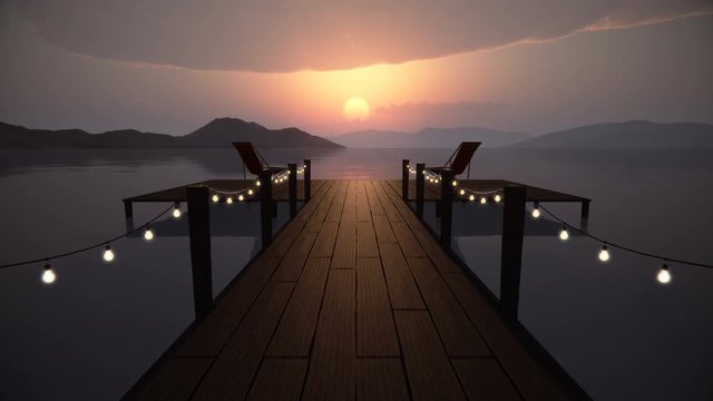 Perspective view of a wooden pier on the pond at sunset 

The camera zooms to the pier with two chairs. Romantic holiday. 4k rendering.