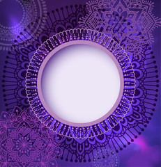 Card or invitation design template. Oriental purple background with mandalas and a frame for text. Eps10 vector