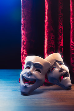 Theater masks, drama and comedy with a red curtain / 3D Rendering, Mixed media.