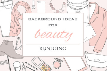 illustration of Hand drawn, doodle flat lay coordination. Feminine clothes collage. Women trendy fashion. Top views. Template for blogger, social media