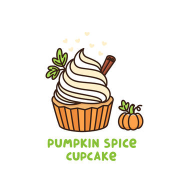 Pumpkin spice cupcake with whipped cream and small pumpkin, American Thanksgiving Day dessert. It can be used for card, mug, poster, t-shirts, phone case etc.