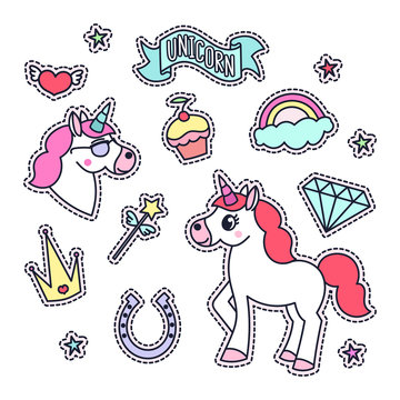Trendy sticker pack with magical unicorn, stars, diamond, cake, heart, cloud and rainbow, ribbon, magic wand. You can use as stickers, icons, pins, patches, etc.