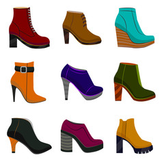 Woman Autumn Shoes Set. Colorful Shoes in Cartoon Style for Banners and Fliers of Shops. Vector Illustration of High Heel and Platform Shoes