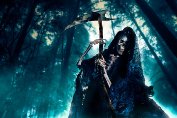 grim reaper lurking in the woods / high contrast image