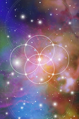 Flower of life - the interlocking circles ancient symbol on outer space background. Sacred geometry. The formula of nature.