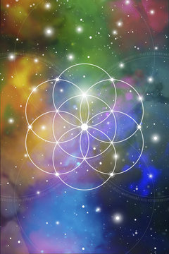 Flower of life - the interlocking circles ancient symbol on outer space background. Sacred geometry. The formula of nature.