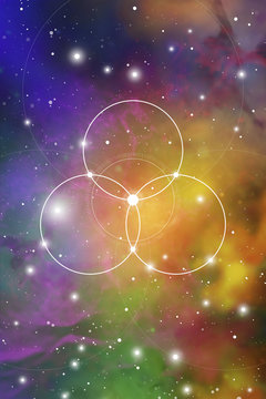 Flower of life - the interlocking circles ancient symbol on outer space background. Sacred geometry. The formula of nature.