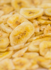 Dried Banana Chips close-up shot, selective focus