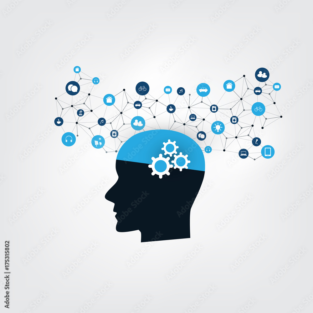 Poster machine learning, artificial intelligence and networks design concept with icons and human head