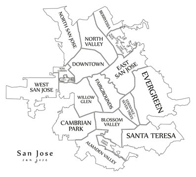Modern City Map - San Jose city of the USA with neighborhoods and titles outline map