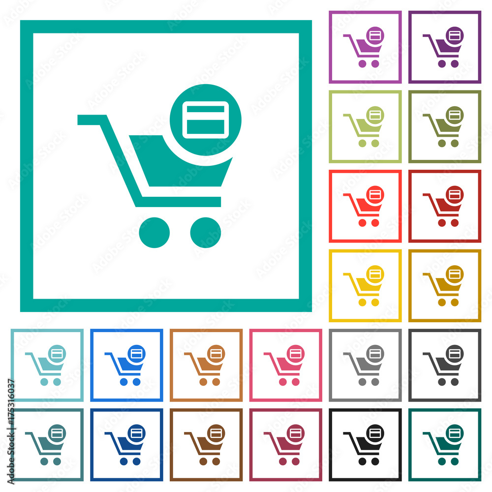 Poster credit card checkout flat color icons with quadrant frames