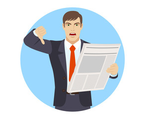 Businessman with newspape showing thumb down. Gesture as rejection symbol down