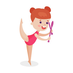 Cute redhead little girl performing gymnastic exercise, young gymnasts doing exercising with clubs colorful vector Illustration