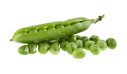 Green peas isolated on white background closeup