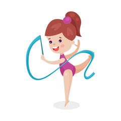Cute little girl performing gymnastic exercise, young gymnasts exercising with ribbon colorful vector Illustration