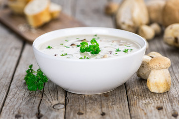Fresh made Porcini Soup on a rustic background