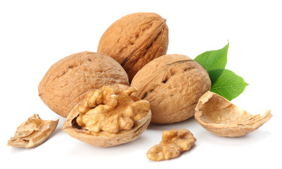 Green walnuts with leaves isolated on a white background