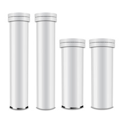 Realistic white glossy aluminum bottle with cap for effervescent or carbon tablets, pills, vitamins. Set of vector 3d packaging mockup template