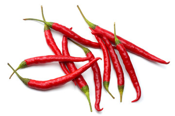 red hot chili peppers isolated on white background top view