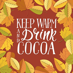 Keep warm and drink cocoa lettering on autumn leaves background.