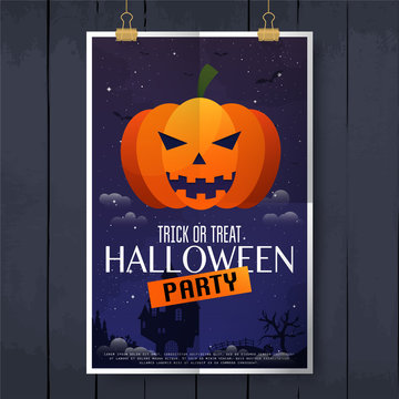 Scary Jack O Lantern halloween pumpkin on night background poster. Happy Halloween. Vector illustration.