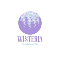 Wisteria logo. Aromatherapy and spa emblems. A cluster of flowers in a lavender circle. 