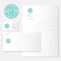 Paper factory logo. P monogram. Roll of paper logo and identity. Envelope,letterhead, letter, and business cards.