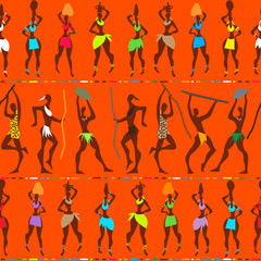 African pattern, a cheerful pattern with people. Multicolored africans on an orange background.