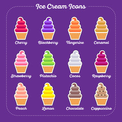 Ice cream icons. Ice cream cartoon illustration. Ice creams and letters on a violet background.