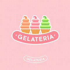 Ice cream logo. Ice cream Emblem. Italian ice cream emblem. Three ice creams and letters on a pink background.