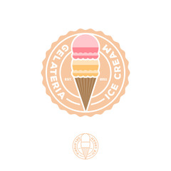 e cream logo. Cafe emblem. Italian ice cream icon. Two scoops of ice cream in a waffle cone.