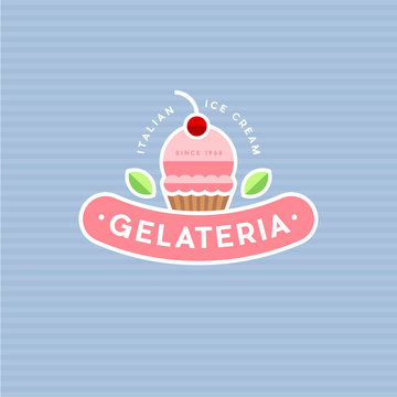 Ice cream logo. Ice cream cafe icon. Italian Ice cream emblem. Ice cream on a blue background.