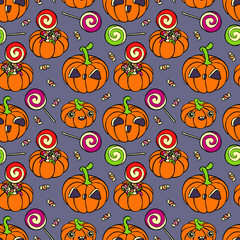 Halloween pumpkins. Set. Candies. Seamless vector pattern (background).