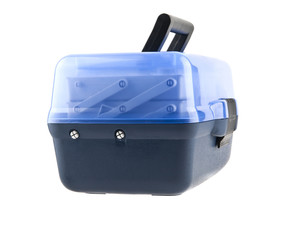 tool box, fishing accessories isolated on white background close-up
