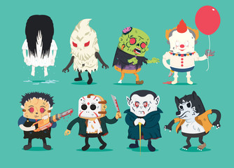 Scary halloween design set with vector vampire, wolfman, ghost, character, cutthroat, assassin hold electric Saw , zombie, Joker