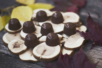 chocolate candies on a wooden Board with autumn leaves