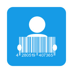 Icono plano codigo de barras manos hombre en cuadrado azul