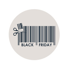 Icono plano codigo de barras tijeras BLACK FRIDAY en circulo gris