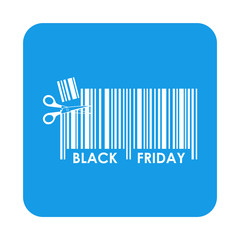 Icono plano codigo de barras tijeras BLACK FRIDAY en cuadrado azul